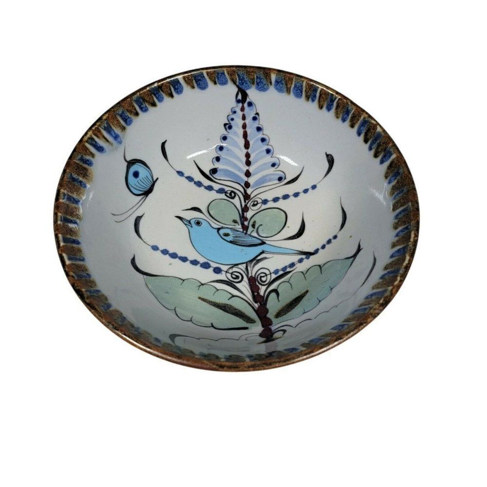 Vtg El Palomar Ken Edwards Pottery Mexico Tonala Blue Large 9" Serving Bowl Bird